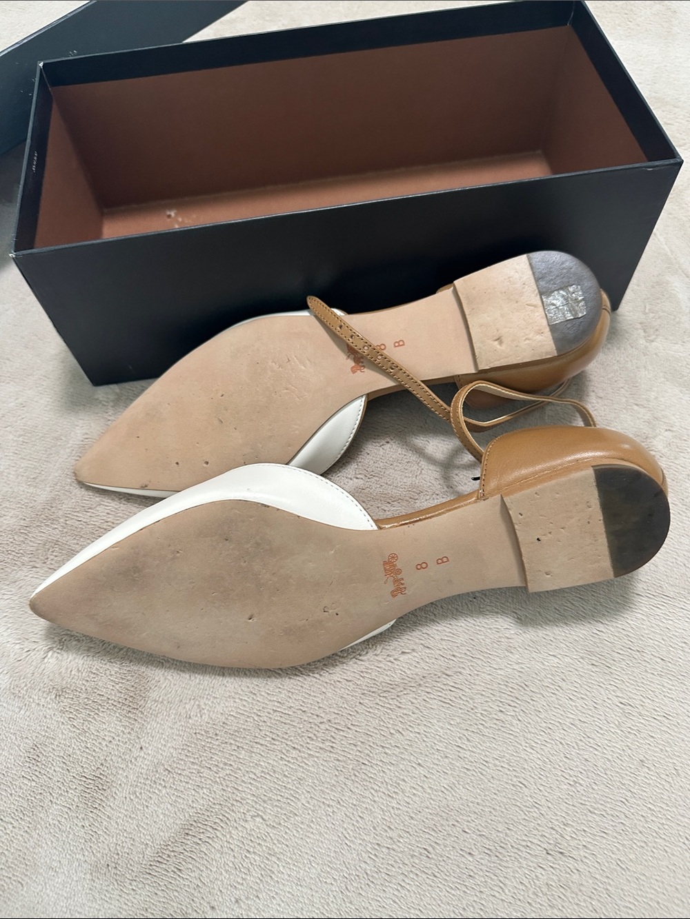 COACH White Pointed Toe Slingback Flats with Tan Ankle Strap - Picture 3 of 4
